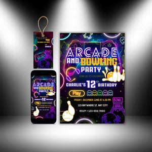 Arcade Bowling 12th Birthday Invitation: Gamer Party, Evite & Tag (Digital Download)