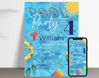 Pool Party 4th Birthday Evite and Card,Swimming Party,Summer Birthday,Fourth,let's make a splash,Text Message Evite Invitation, Canva PD1