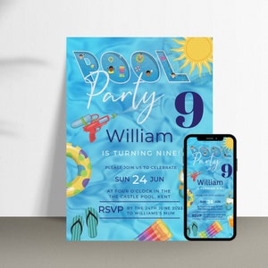 Evite et carte pour 9e anniversaire au bord de la piscine, fête de la natation, anniversaire d'été, neuvième anniversaire, faisons sensation, invitation Evite par SMS, toile PD1