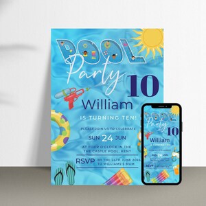 Pool-Party 10.Geburtstag Evite und Karte, Schwimmparty, Sommergeburtstag, zehnter, lassen Sie uns planschen, Textmitteilung Evite-Einladung, Canva PD1
