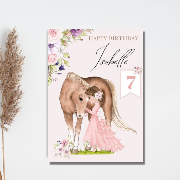 Girl and her horse  birthday card, 7th Birthday,Personalized,Digital Download,Edit in Canva,Seventh Birthday,Granddaughter,Daughter,PP1