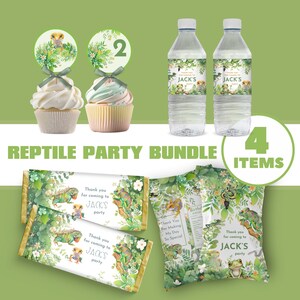 May include: A reptile-themed party bundle featuring cupcakes, water bottles, candy bar wrappers, and a party favor bag. The cupcakes have reptile-themed toppers and the number 2. The water bottles and candy wrappers say "JACK'S party".