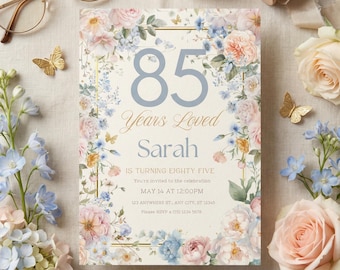 Elegant Floral 85th Birthday Invitation Printable Digital Milestone Party Invite Template DIY Custom Download