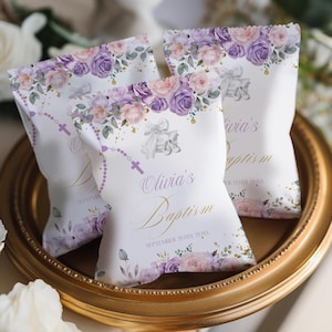 Taufe Chip Wrapper Vorlage Lila Blumen DIY Taufe Gunsten Canva Bearbeitbar Sofort Download