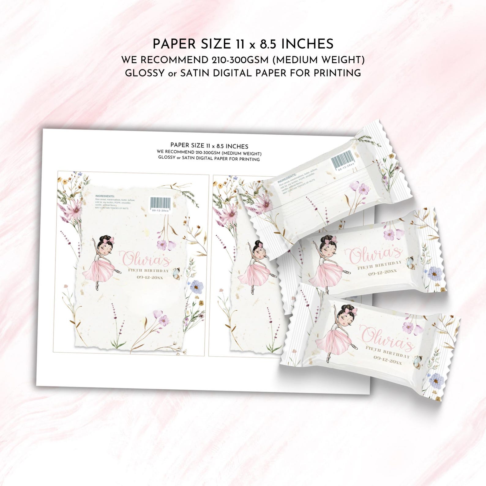 Pink Floral Ballerina Birthday Rice Krispie Wrapper DIY Digital ...