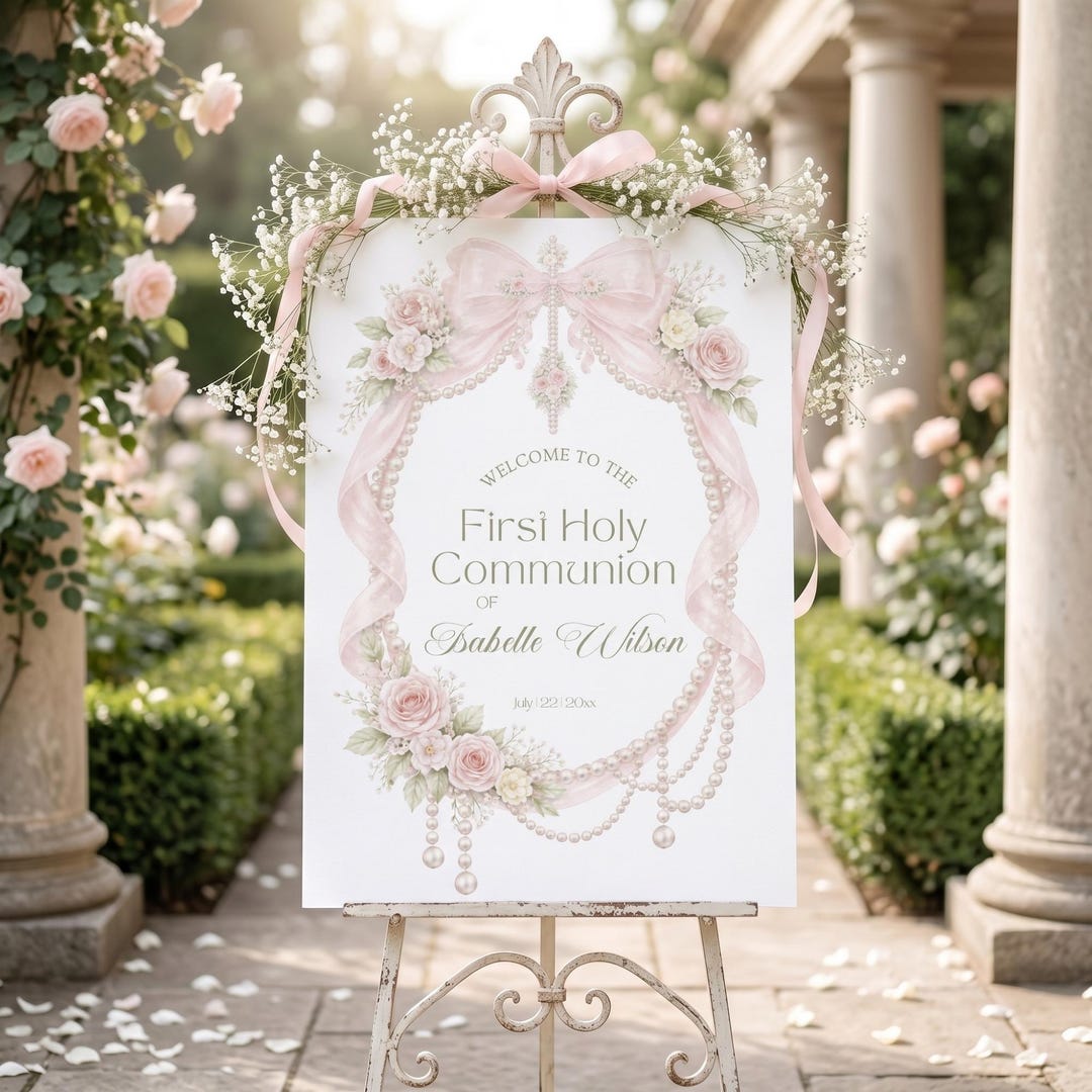 Communion Post Sign First Holy Communion Welcome Sign Template, Pink Floral Communion ...