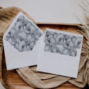 A7 Envelope Liner Printable Silver Floral Leaf Design, 12 Sizes Template Included, DIY Envelope Liner,Euro Flap Liner Instant Download,  EL1