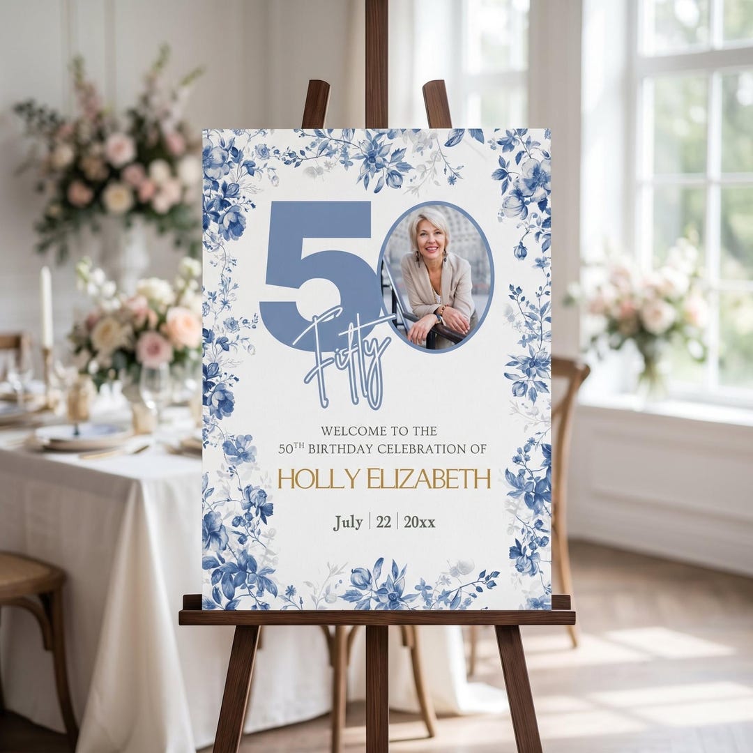 50th Birthday Welcome Sign With Photo, Blue Toile De Jouy, Custom 50 ...