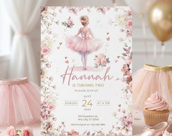 Ballerina Pink Floral Birthday Invitation - Dance Party Digital Download Template