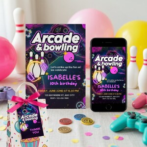 Arcade Bowling 10. Geburtstagseinladung Gamer Party Digitaler Download Druckbare bearbeitbare Vorlage