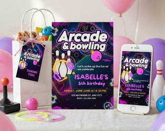 May include: A birthday party scene with a white gift bag, invitation, and smartphone, all featuring an "Arcade & Bowling" theme. The invitation and phone display the event details, including the birthday girl's name and date. Pink and purple balloons and bowling pins add to the festive atmosphere.