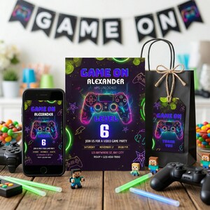 Invitación de cumpleaños con temática de videojuegos, invitación para fiesta de nivel 6, temática de videojuegos neón, invitación editable, invitación imprimible + paquete de etiquetas de regalo