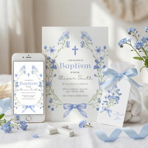 Blue Floral Baptism Invitation: Baby Boy Christening Template (Digital Download)