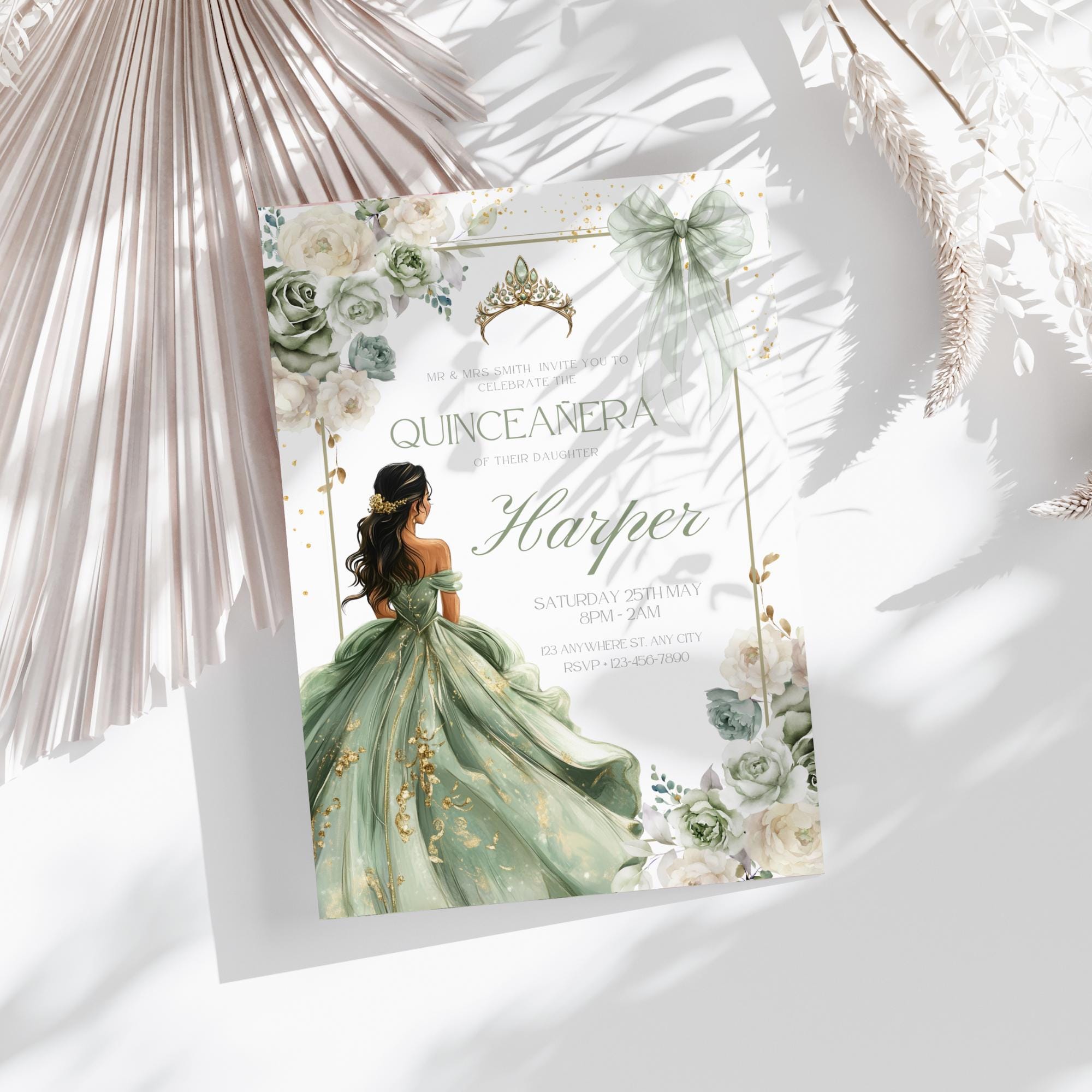 Sage Green Quinceañera Invitation: Floral Dress, Gold Tiara (Instant Download)
