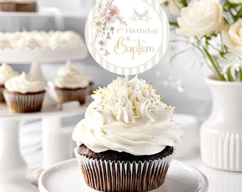 Adorno para cupcakes de bautizo imprimible, diseño floral verde religioso, plantilla de recuerdo de agradecimiento para fiesta de bautizo de niño, editable
