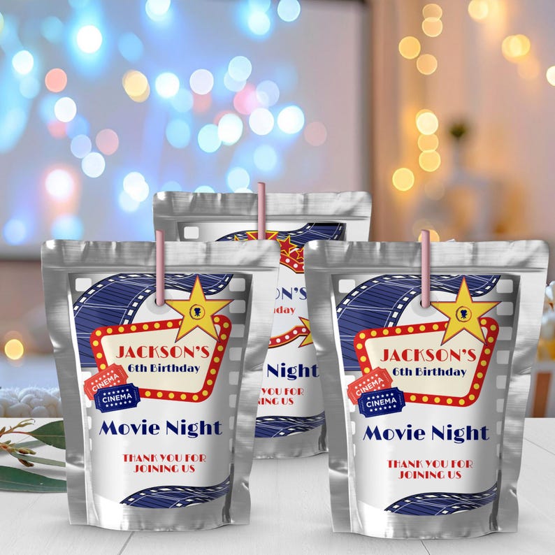 Editable Movie Night Birthday Juice Pouch Labels | Printable Cinema ...