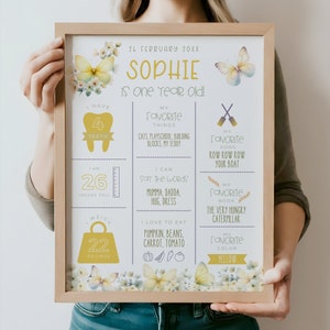 Poster per il primo compleanno del bambino, stampabile con Cake Smash, modello modificabile con farfalla gialla, personalizzato in Canva MB1