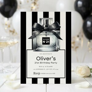 Black White Perfume Bottle 21st Birthday Invitation Digital Download Printable Party Invite Milestone Celebration Card