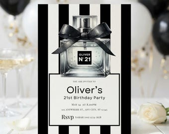 Invitación digital imprimible para fiesta de cumpleaños número 21 con diseño de frasco de perfume blanco y negro.