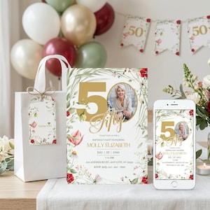 May include: A birthday party invitation with a floral design, featuring the number 50 and the word "Fifty". The invitation includes a photo and event details. A matching gift bag and tag are also present, along with a smartphone displaying the invitation.