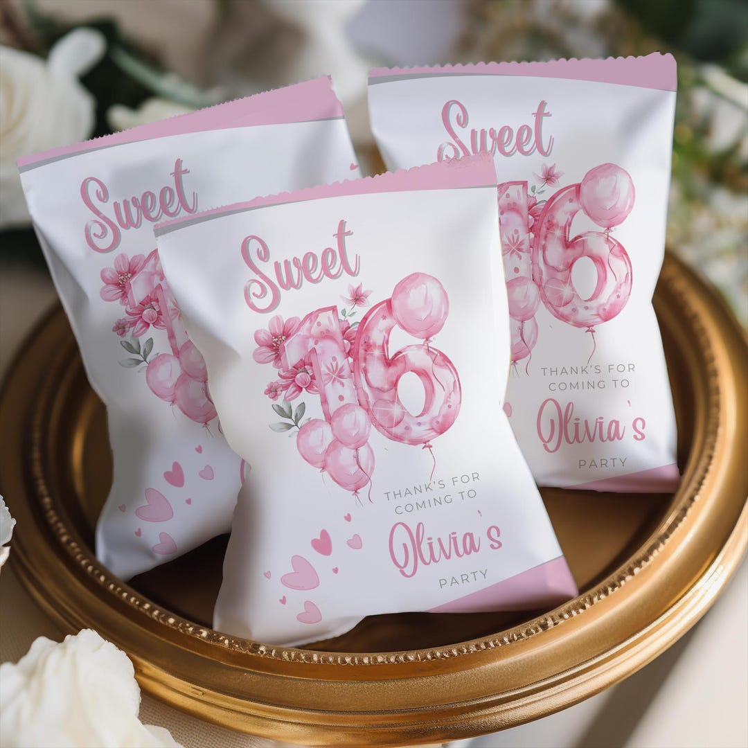 Sweet 16 Pink Balloon Chip Bag Wrapper Template - Digital Download ...