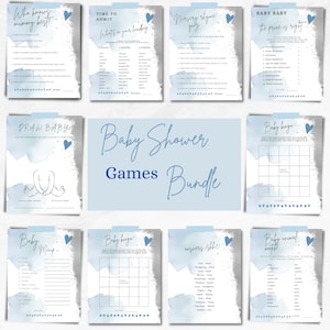 Baby shower games bundle,editable in CANVA games,Blue/Silver Watercolour Splash printable wedding games,trivia,editable template, bingo, BS2