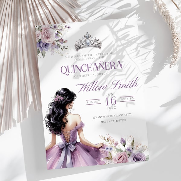 Purple Quinceañera Invitation Template,15th Teen Birthday,Lilac Flowers DIY Printable Invites Instant Download & Editable in Canva QB1