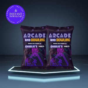 Arcade Bowling Chip Bag Wrapper: Printable Birthday Party Favor (Canva Template)