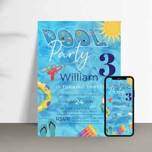 Pool Party 3rd Birthday Evite and Card,Swimming Party,Summer Birthday,Third,let&#39;s make a splash,Text Message Evite Invitation, Canva PD1