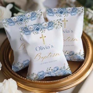 Blue Floral Baptism Chip Bag Template, DIY Christening Favor Canva Editable Instant Download