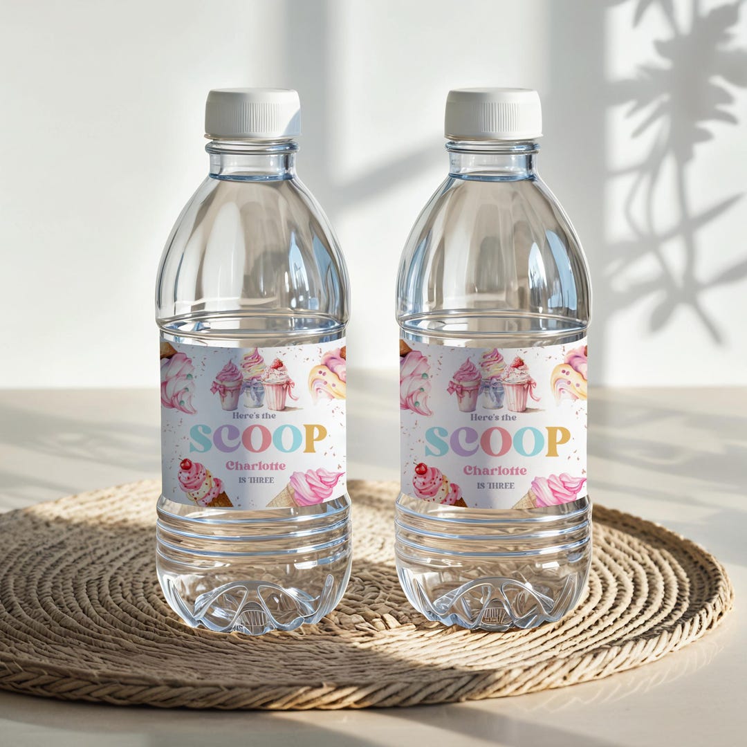 Ice Cream Birthday Party Water Bottle Labels Printable Wraps Digital ...