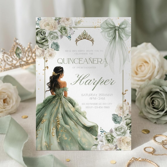 Sage Green Quinceaera Invitation: Floral Dress, Gold Tiara (instant  Download) - Etsy Israel