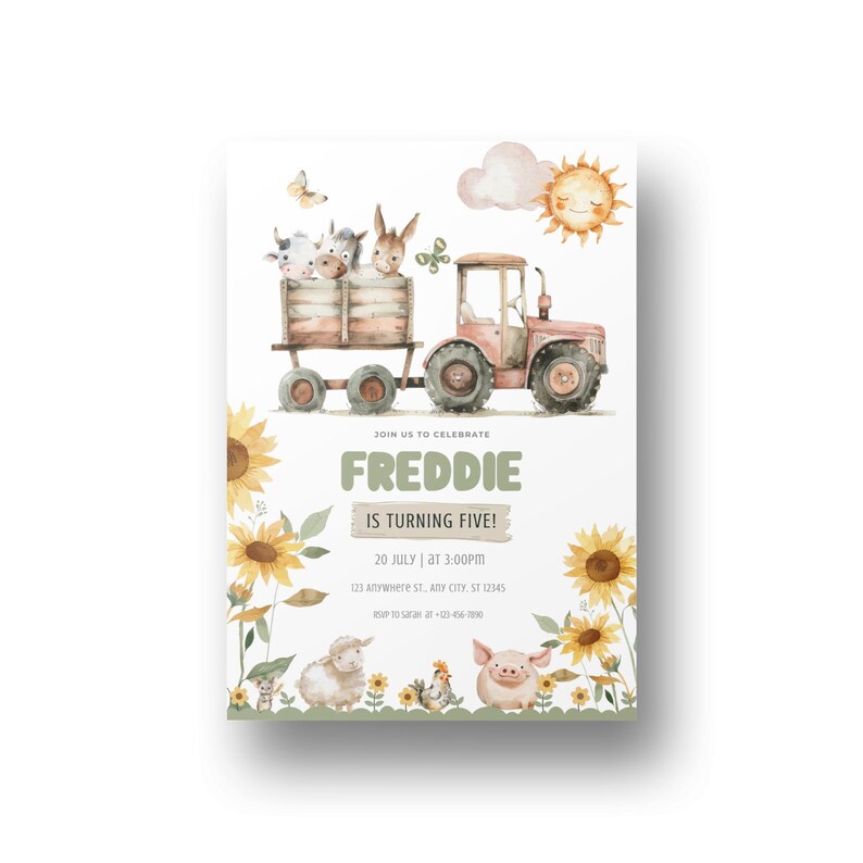 Farm Animal 5th Birthday Invitation Tractor Barnyard Party Editable ...