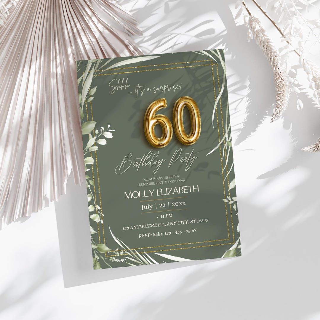 60th Surprise Birthday Invitation Template, Green Gold Birthday