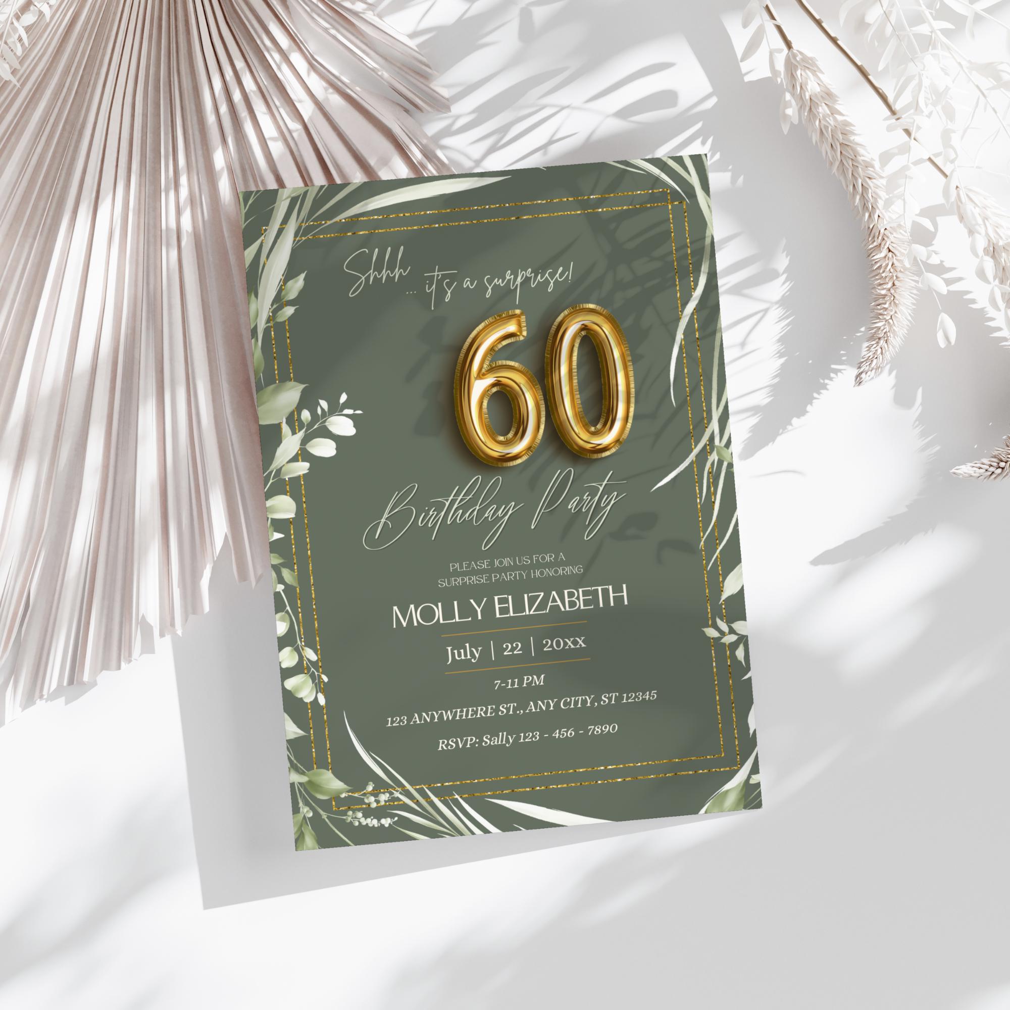60th Surprise Birthday Invitation Template, Green Gold Birthday