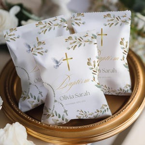 Baptism Chip Wrapper Template Green Gold  DIY Christening Favor Canva Editable Digital Download