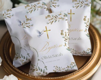 Vorlage für Taufchip-Verpackungen, Grün-Gold, DIY-Taufgeschenk, bearbeitbare Canva-Datei, digitaler Download