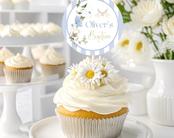 Adorno para cupcakes de bautizo con flores azules, plantilla imprimible de agradecimiento religioso para fiesta de bautizo de niño, editable