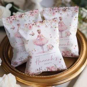 Ballerina Chip Bag Wrapper Template, niedliches Tutu druckbares Geburtstags-Rosa-Blumen-Ballet-Tänzer-Snack-Etikett, digitaler Download Bearbeiten in Canva BP1