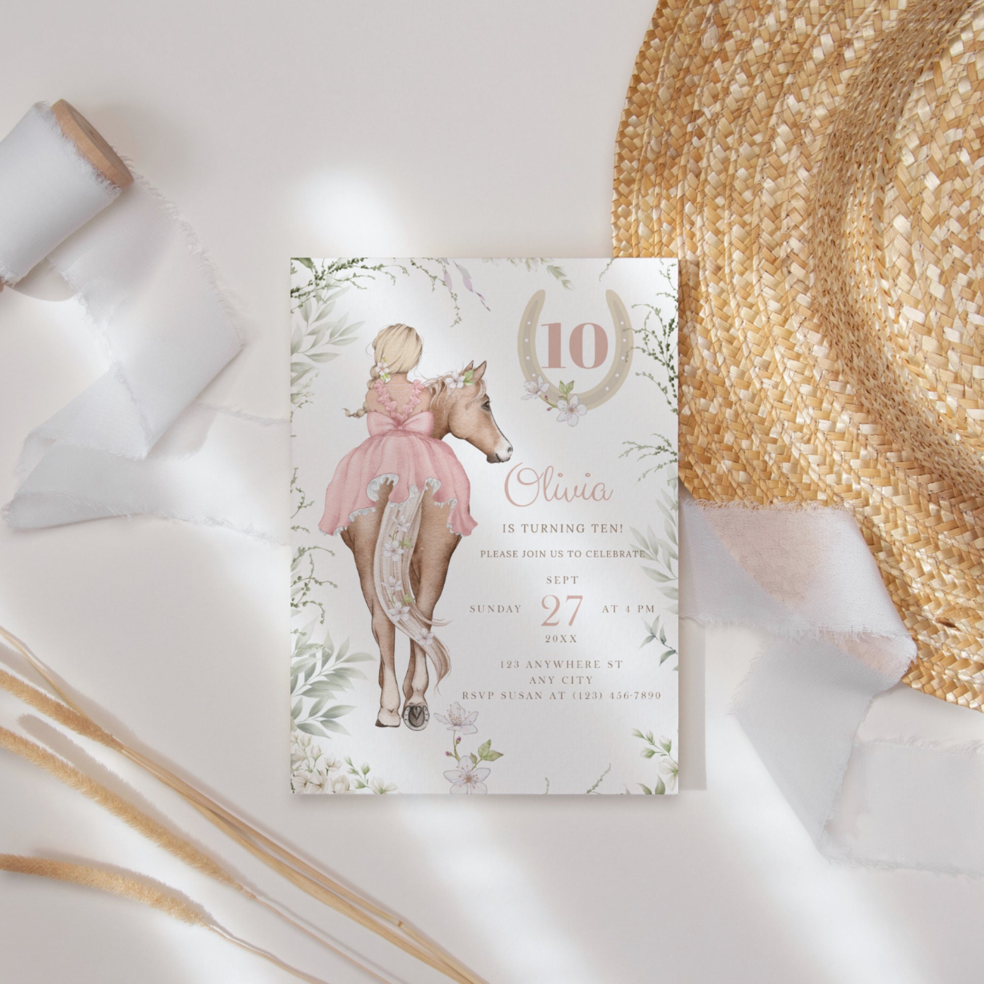 Horse Themed 10th Birthday Party Invitations, Horseback Riding, Tenth