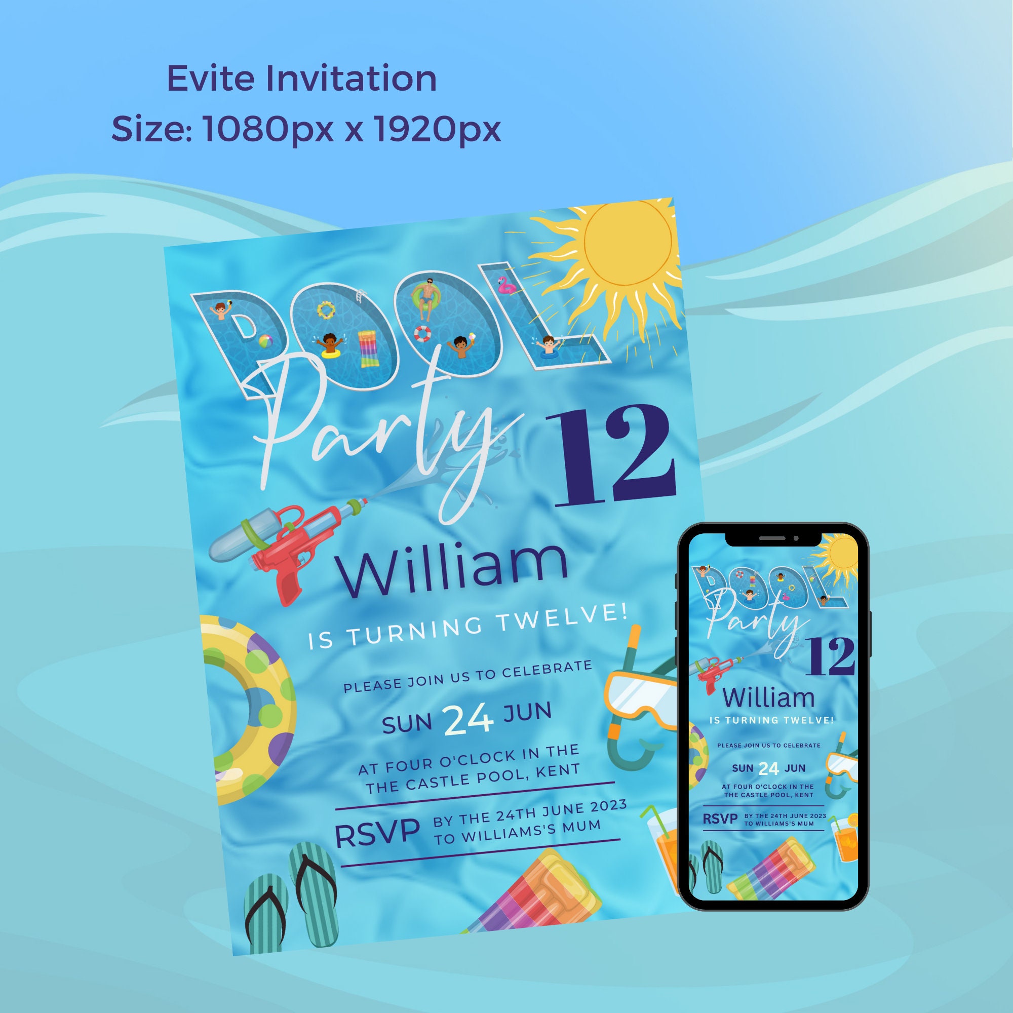 JuNa-Experten 12 biglietti d'invito con 12 buste per compleanno per bambini, piscina, feste in piscina, inviti per ragazze e ragazzi