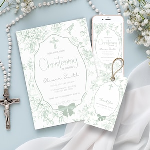 Taufeinladung Grün Toile de Jouy, religiöses Ereignis einladen, Taufe Gender Neutral Baby Jungen / Mädchen-Segen EDITIERBAR in Canva BC1