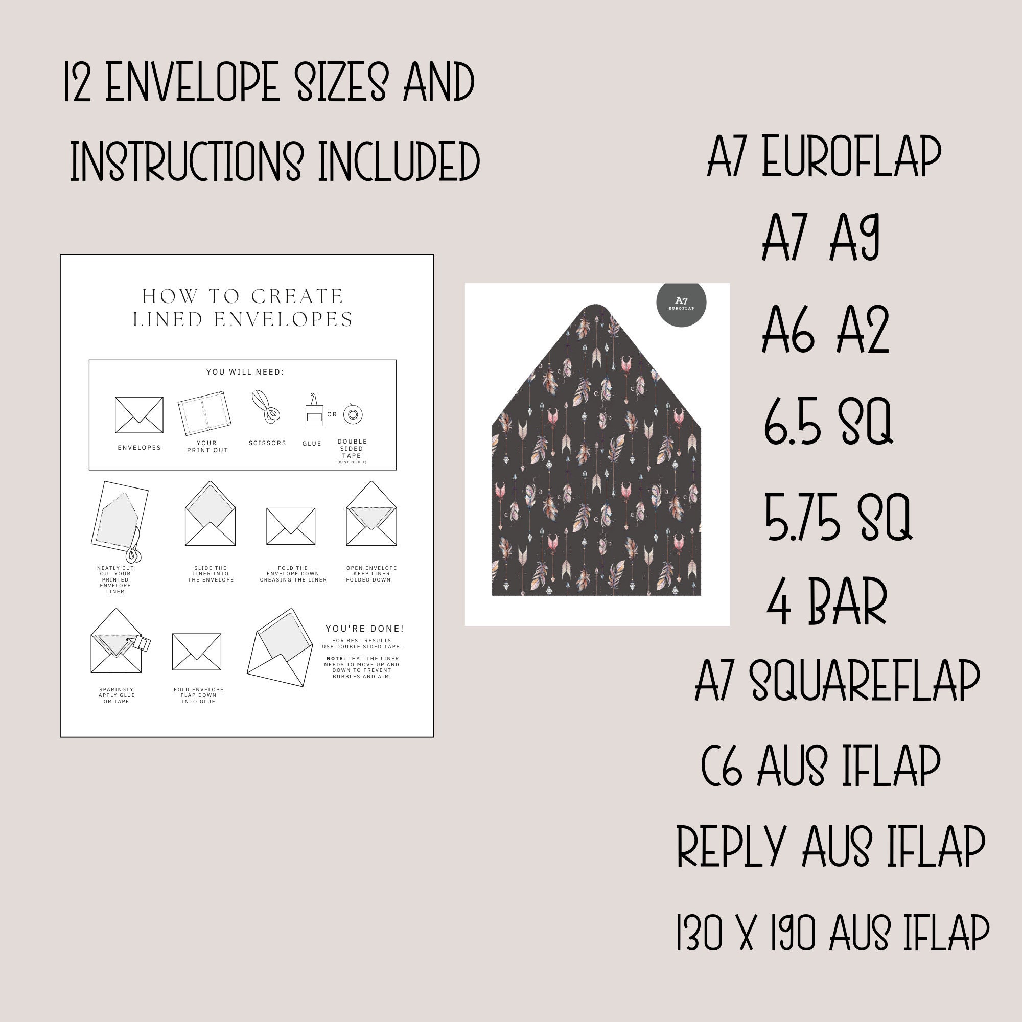 Envelope Liner 12 Sizes, Template and Tutorial, Printable Liner