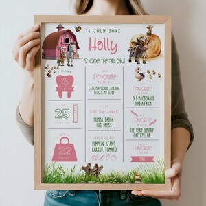 Poster per il primo compleanno del bambino, stampabile con Cake Smash, cartello per il primo compleanno, modello modificabile con animali da fattoria rosa, personalizzato in Canva MB1