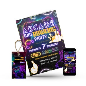 Arcade Bowling 7th Birthday Invitation: Gamer Party Evite & Tag (Digital Download)