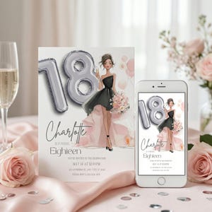 18. Geburtstagseinladung Schwarzes Kleid Silbere Luftballons Digitaler Download Bearbeitbare Partykarte Druckbare Vorlage