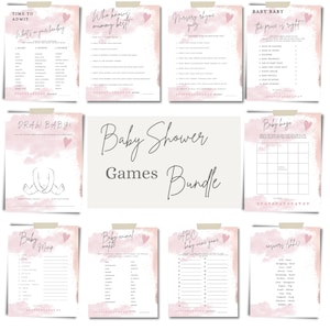 Puede incluir: Un paquete de juegos de baby shower imprimibles en rosa y blanco con una variedad de juegos, que incluyen "¿Quién conoce mejor a mamá?", "Cuestionario de rimas infantiles", "Baby Bingo", "Coincidencia de animales bebés", "Mapa de bebés", "Juego de nombres de bebés ABC", "Dibuja un bebé", "Baby Baby El precio es correcto" y "Respuestas (bebé)".