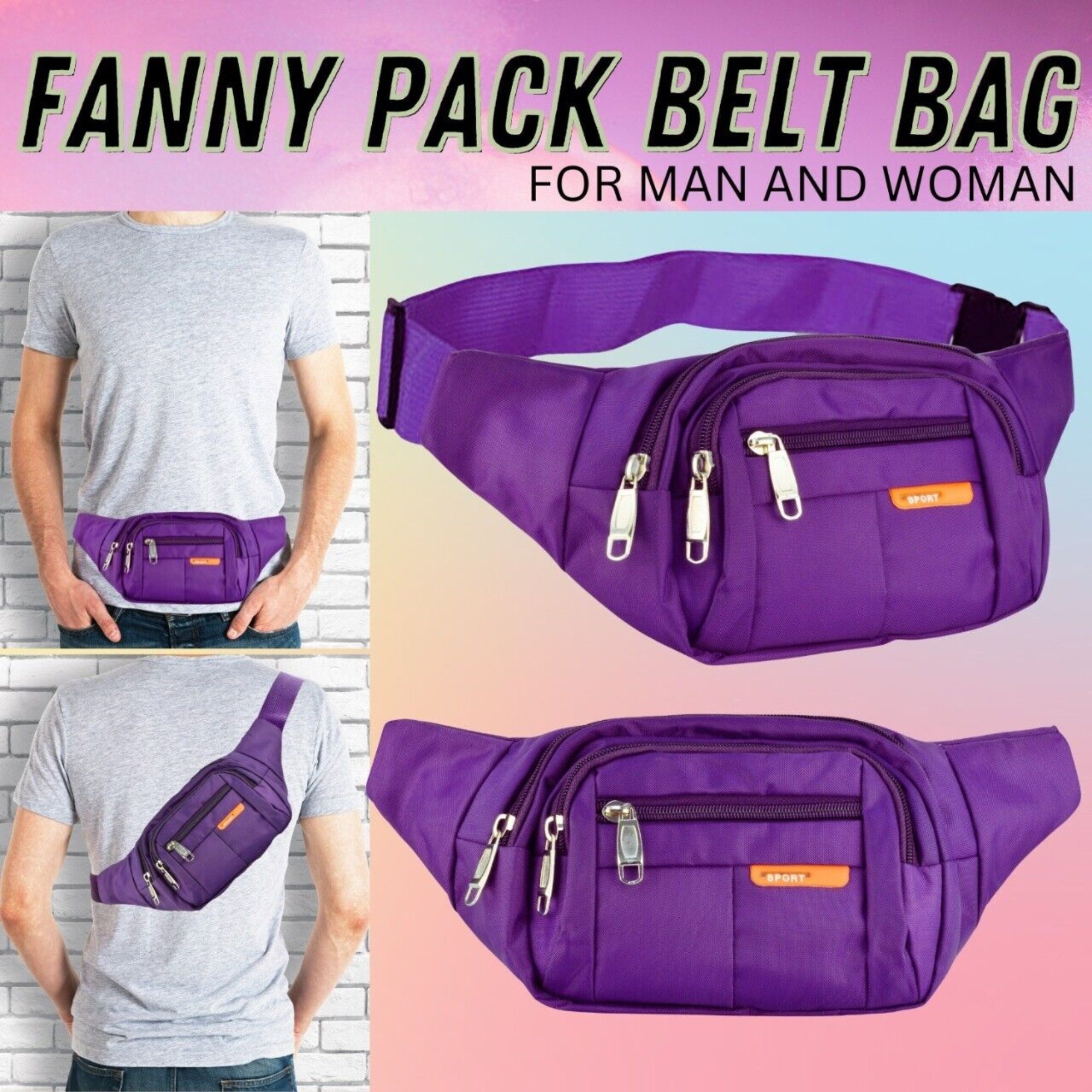 Unisex Purple Fanny Pack Belt Waist Bag Cross Body Sling Shoulder