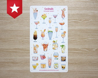 Cocktails Sticker Sheet Bullet Journal Scrapbooking Cute Decorative Stickers Supplies Wine Drinks Alcohol Margarita Champagne Party Colorful