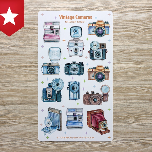 Vintage Camera Sticker Sheet Bullet Journal Scrapbooking Cute Decorative Stickers Supplies Old Retro Cameras Photo Classic Photography Flash
